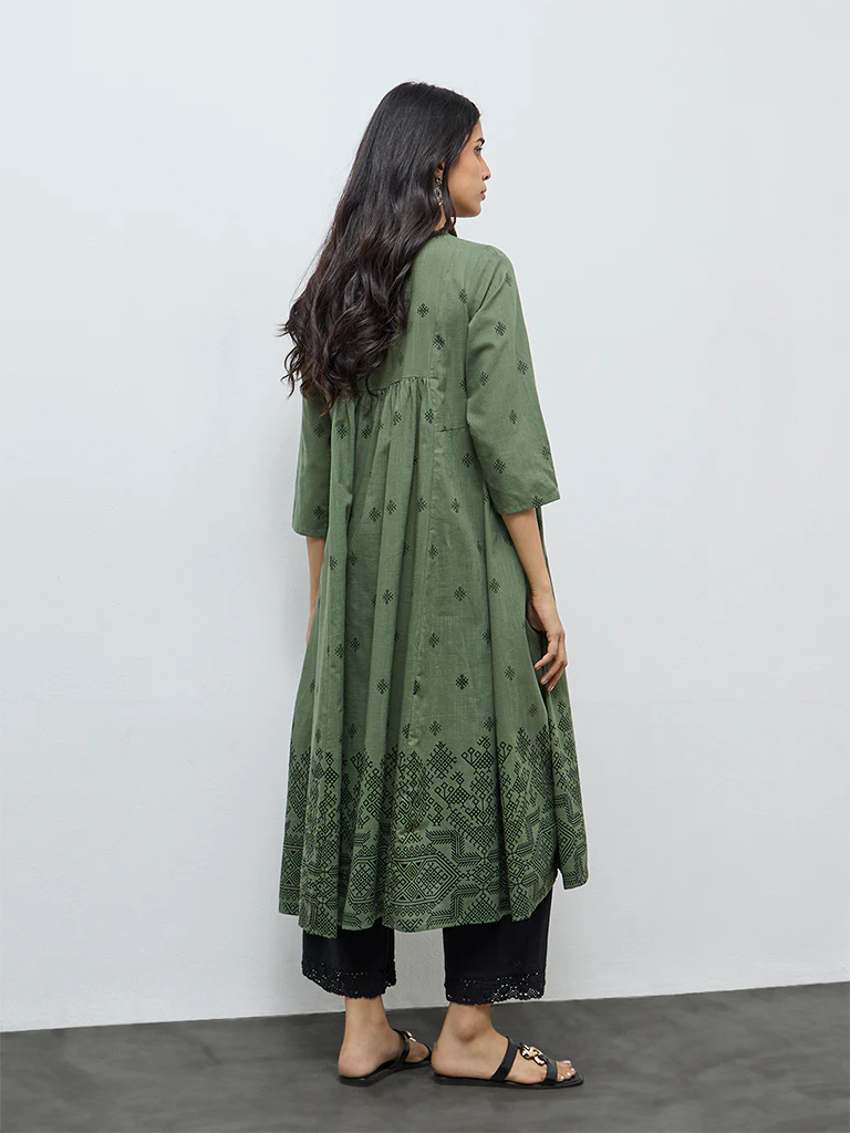 Utsa Green Embroidered Cotton A-Line Kurta - Image 4