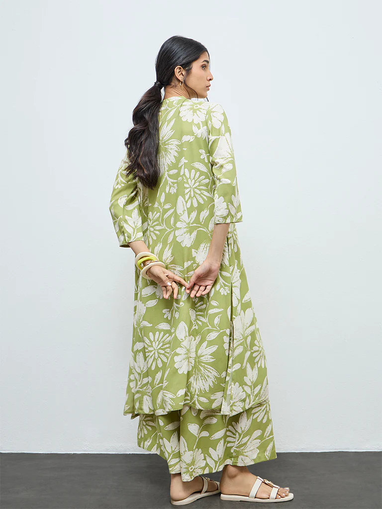 Utsa Green Floral A-Line Kurta - Image 4
