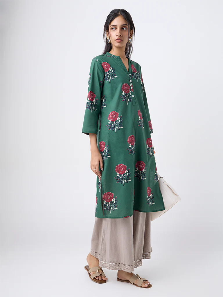 Utsa Green Floral Butta Print Cotton Straight Kurta - Image 2