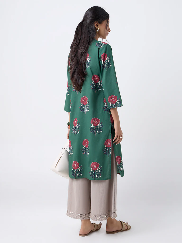 Utsa Green Floral Butta Print Cotton Straight Kurta - Image 4