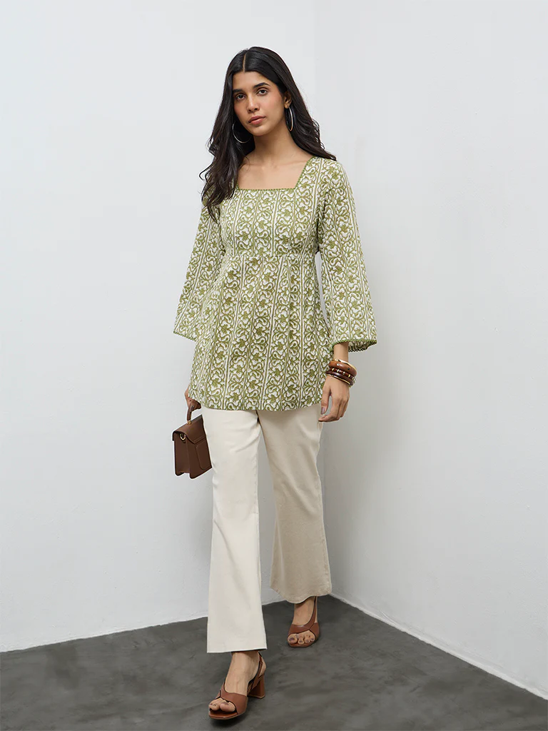 Utsa Green Floral Cotton A-Line Kurta - Image 2