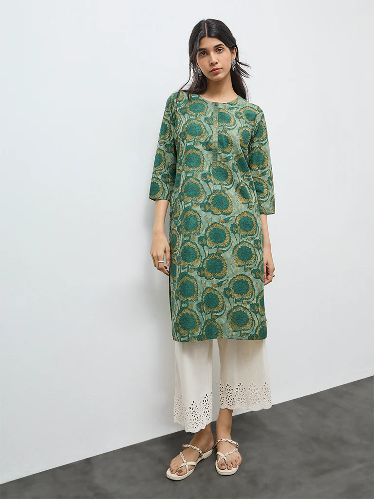 Utsa Green Floral Cotton Straight Kurta - Image 2