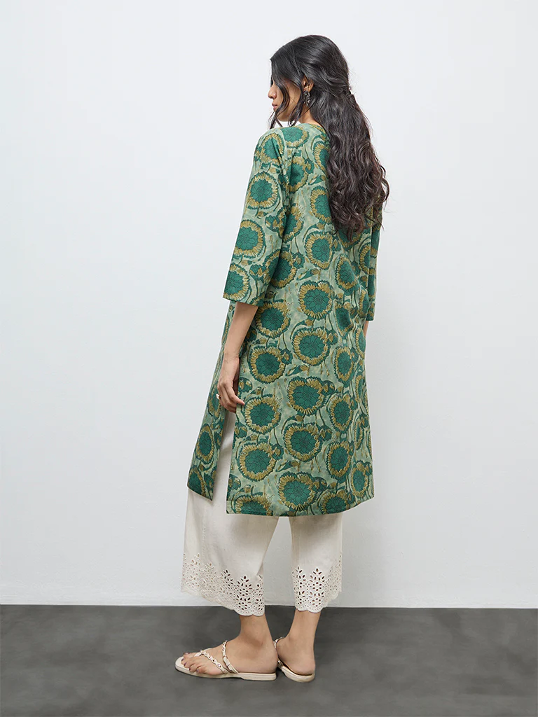 Utsa Green Floral Cotton Straight Kurta - Image 4
