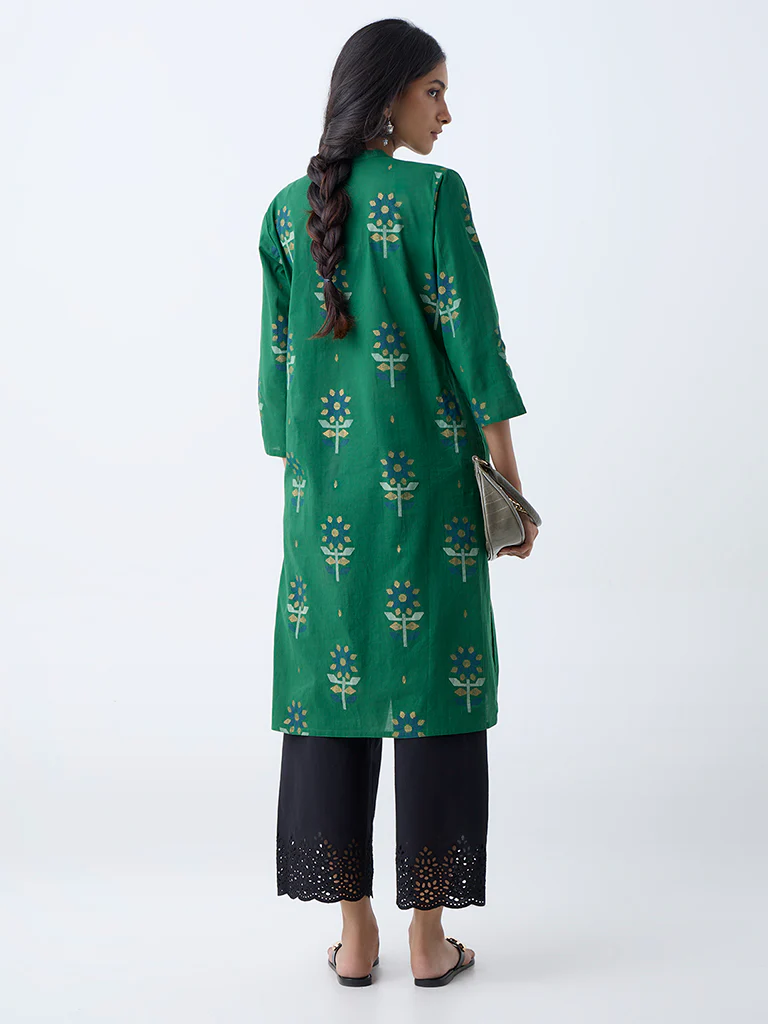 Utsa Green Floral Design Straight Cotton Kurta - Image 4