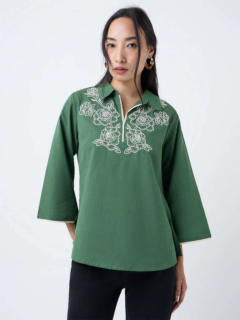 Utsa Green Floral Embroidered Cotton-Blend Tunic