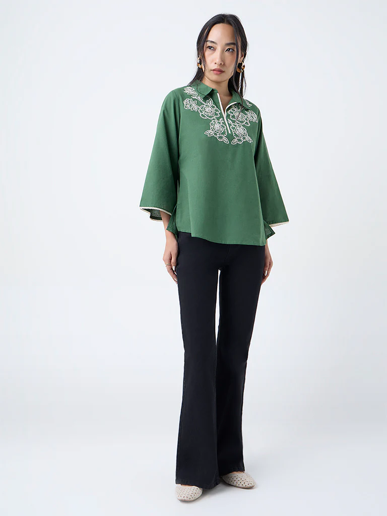 Utsa Green Floral Embroidered Cotton-Blend Tunic - Image 2