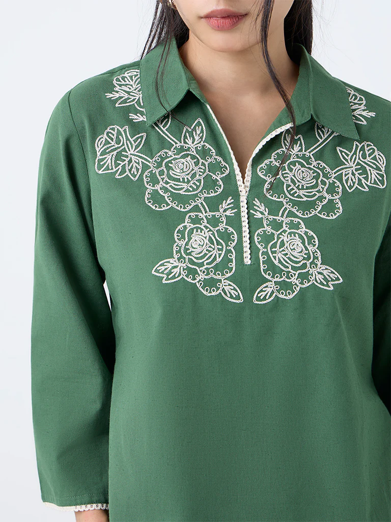 Utsa Green Floral Embroidered Cotton-Blend Tunic - Image 3