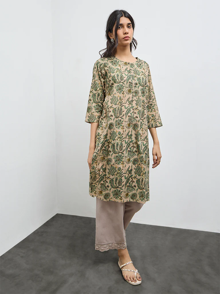 Utsa Green Floral Printed Cotton Straight Kurta