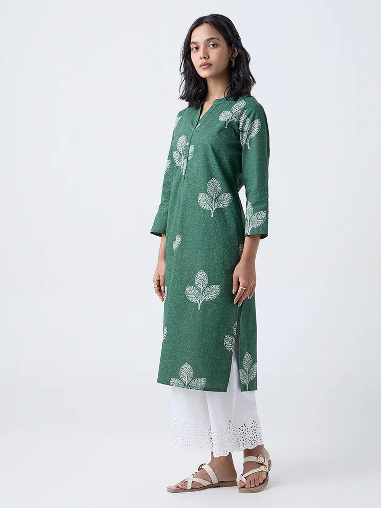 Utsa Green Leaf Design Straight Cotton Kurta - Image 2