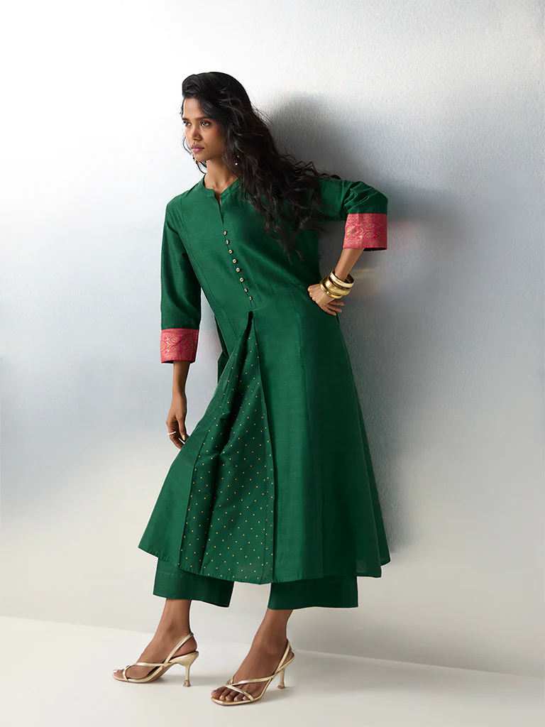 Utsa Green Pleated A-Line Kurta - Image 2