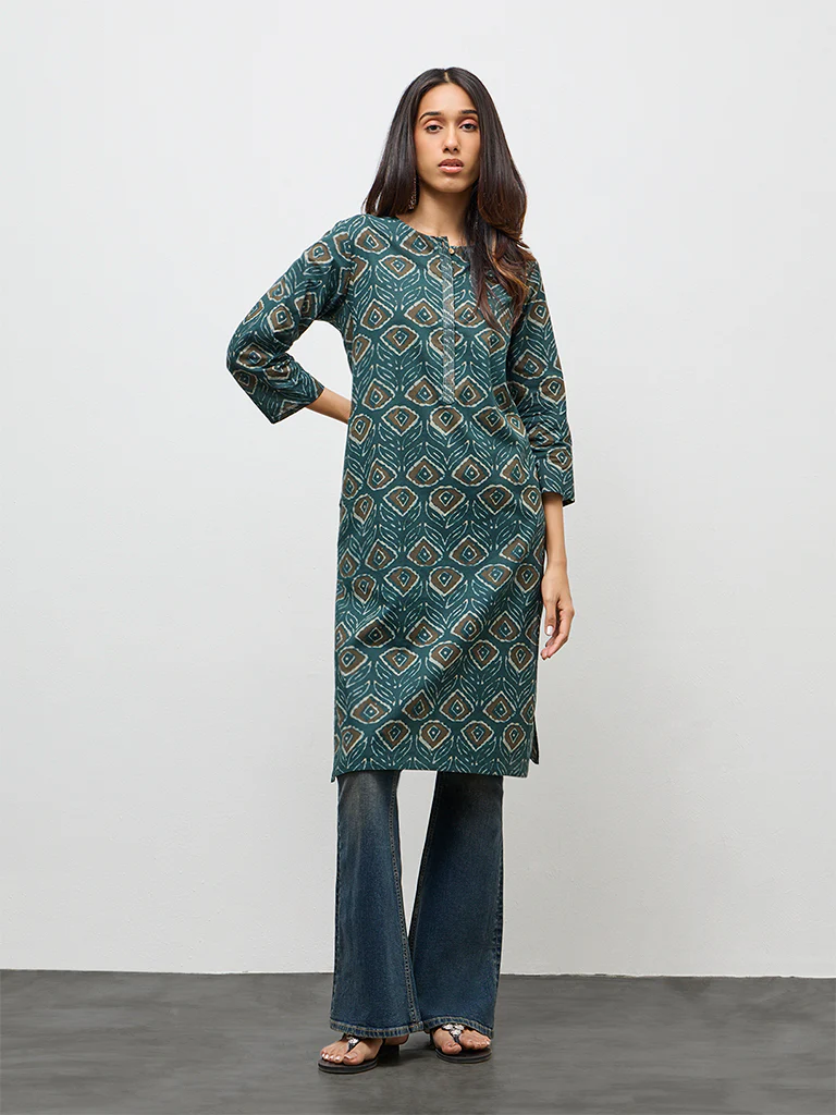 Utsa Green Printed Cotton Straight Kurta