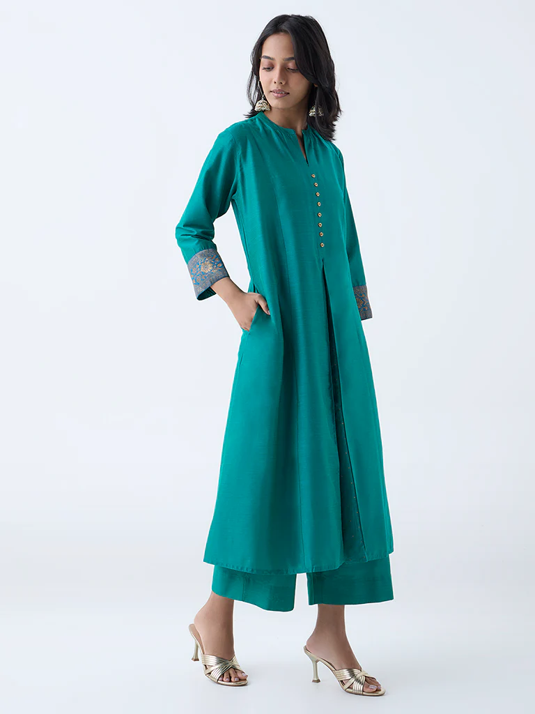 Utsa Green Solid A-Line Kurta - Image 2