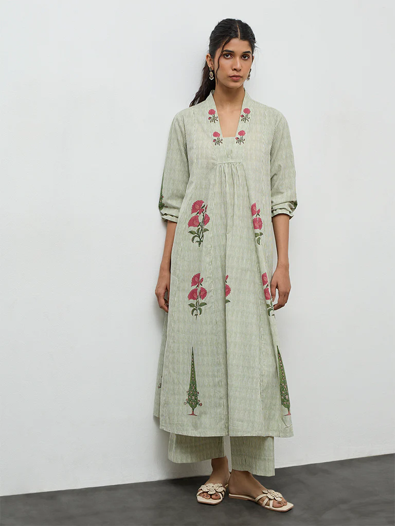 Utsa Green Striped Cotton A-Line Kurta