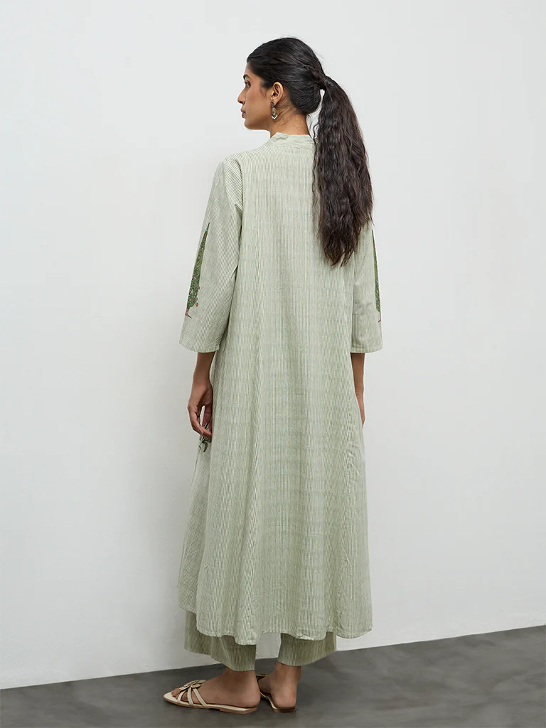 Utsa Green Striped Cotton A-Line Kurta - Image 4