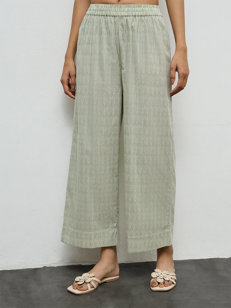 Utsa Green Striped Cotton Pants