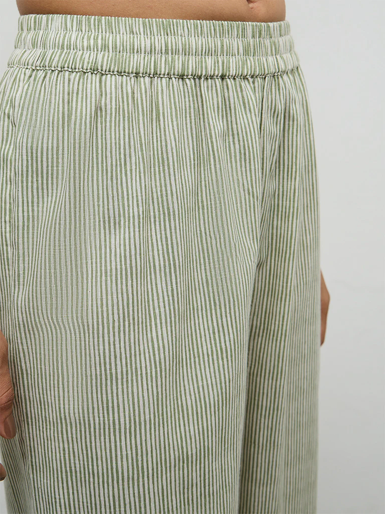 Utsa Green Striped Cotton Pants - Image 3
