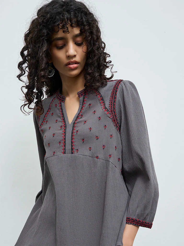 Utsa Grey Crinkle Textured Embroidered Cotton Tunic