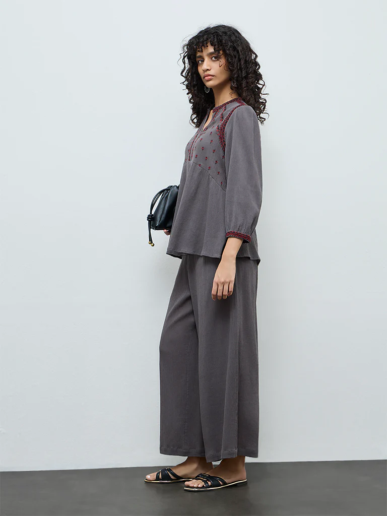 Utsa Grey Crinkle Textured Embroidered Cotton Tunic - Image 2