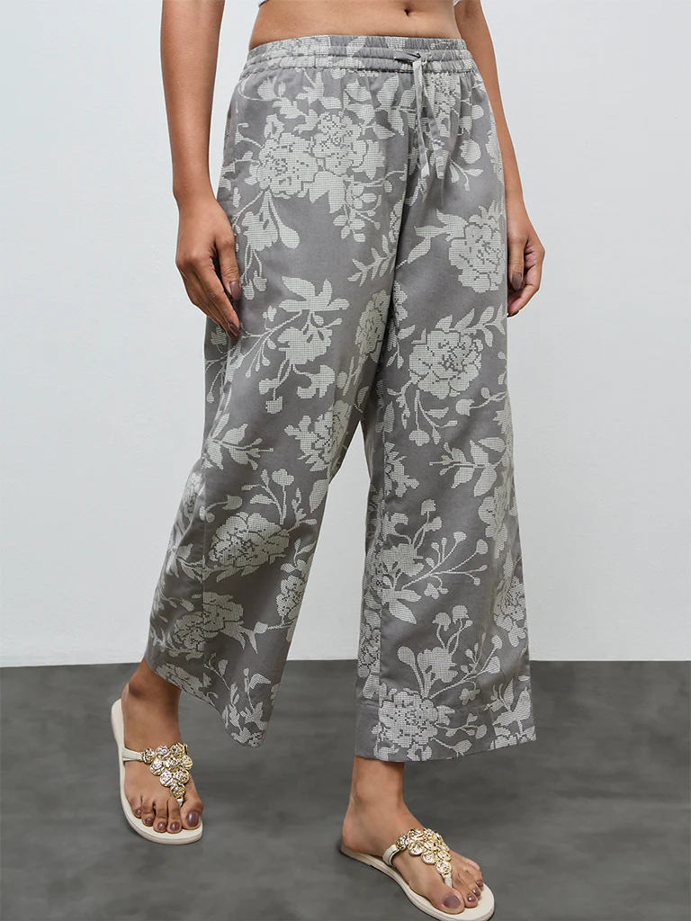 Utsa Grey Floral Cotton-Blend Pants