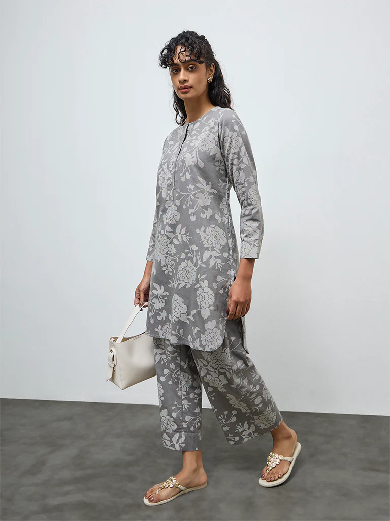 Utsa Grey Floral Cotton-Blend Pants - Image 2