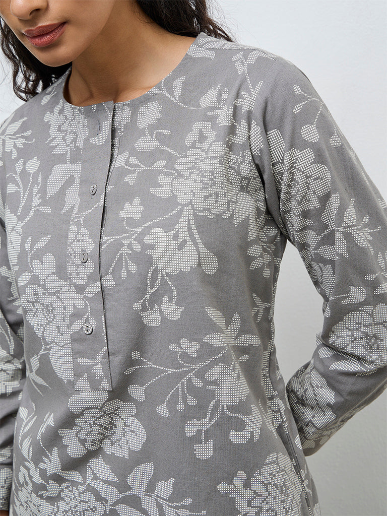 Utsa Grey Floral Cotton-Blend Straight Kurta - Image 3