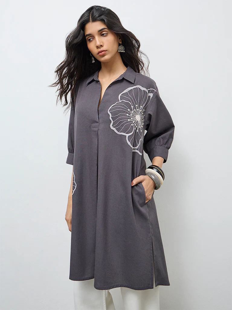Utsa Grey Floral Embroidered Cotton-Blend High-Low Kurta - Image 2