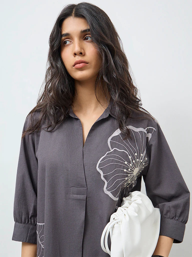 Utsa Grey Floral Embroidered Cotton-Blend High-Low Kurta - Image 3