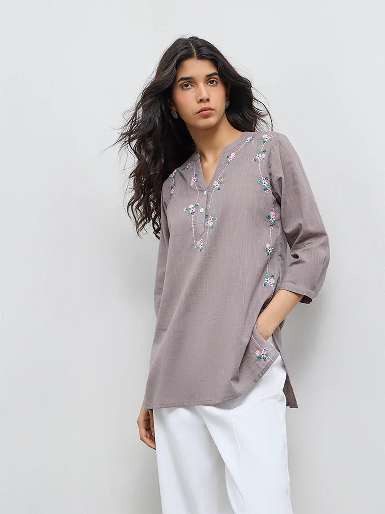 Utsa Grey Floral Embroidered Cotton Tunic