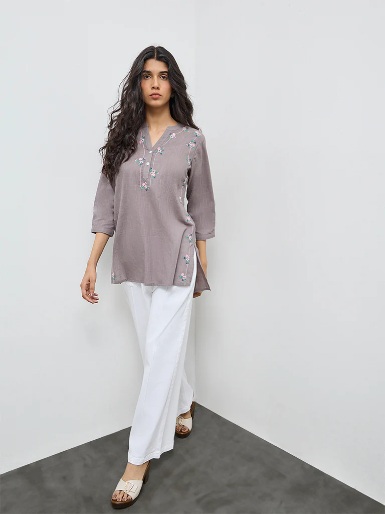 Utsa Grey Floral Embroidered Cotton Tunic - Image 2