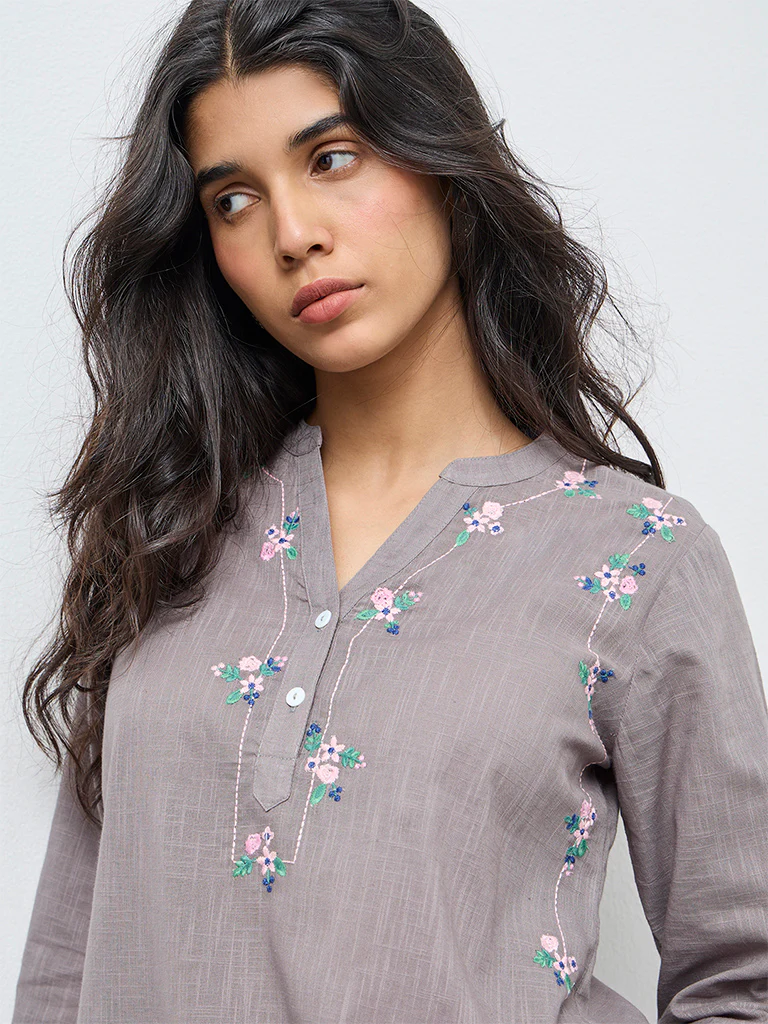 Utsa Grey Floral Embroidered Cotton Tunic - Image 3