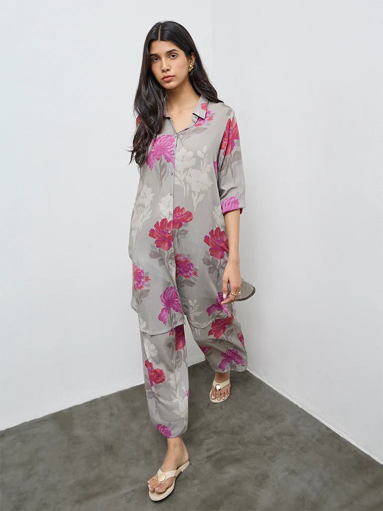 Utsa Grey Floral Pattern A-Line Kurta - Image 2