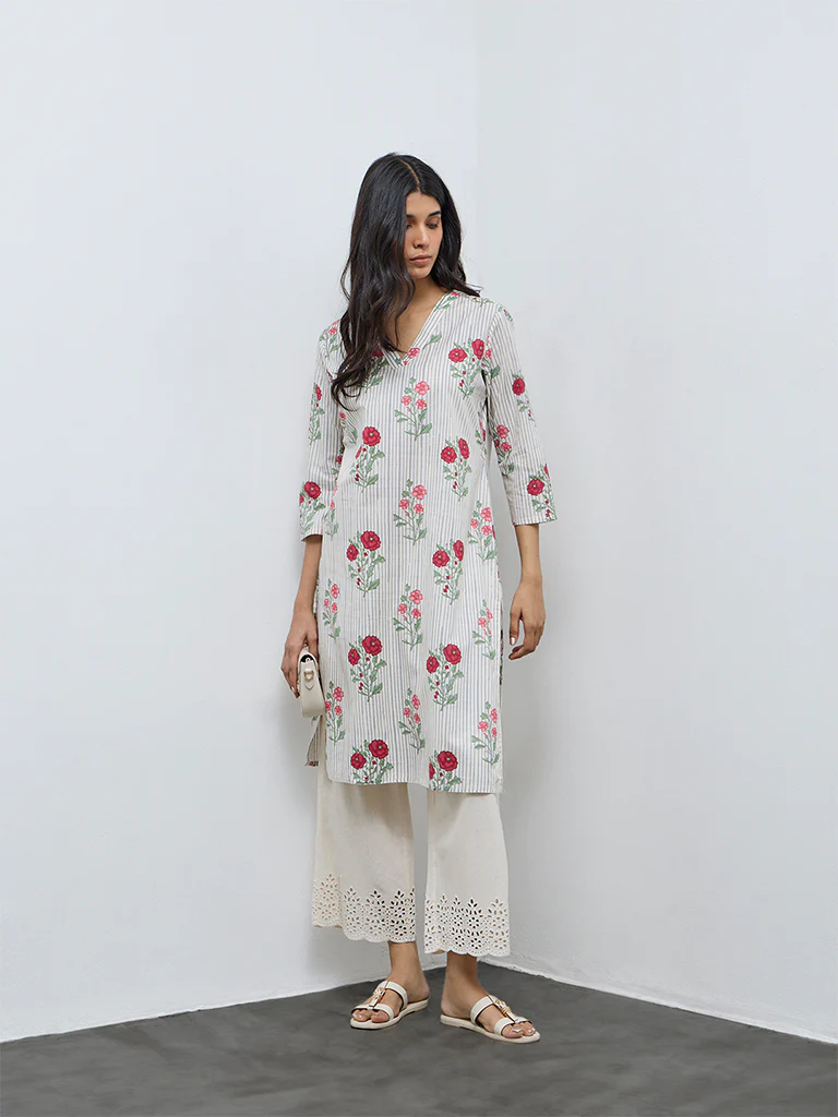 Utsa Grey Floral Pattern Cotton A-Line Kurta