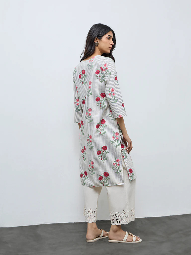 Utsa Grey Floral Pattern Cotton A-Line Kurta - Image 4