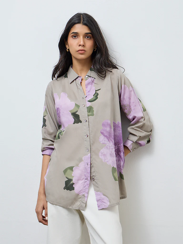 Utsa Grey Floral Pattern Cotton Tunic - Image 2