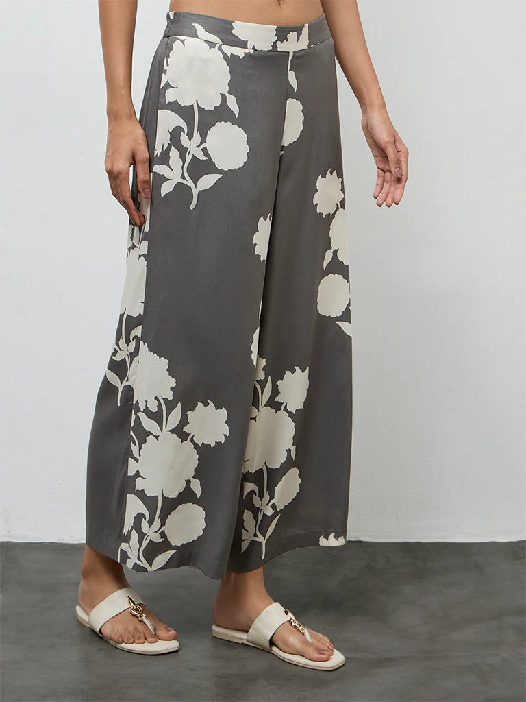 Utsa Grey Floral Pattern Palazzos
