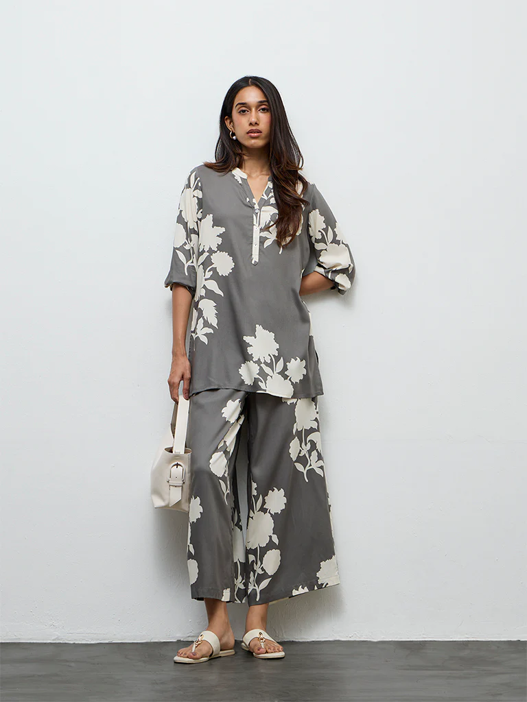 Utsa Grey Floral Pattern Palazzos - Image 2