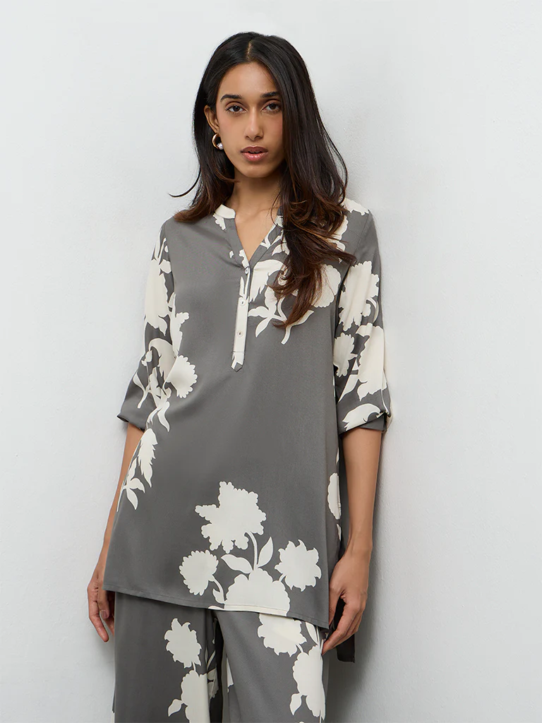 Utsa Grey Floral Pattern Tunic