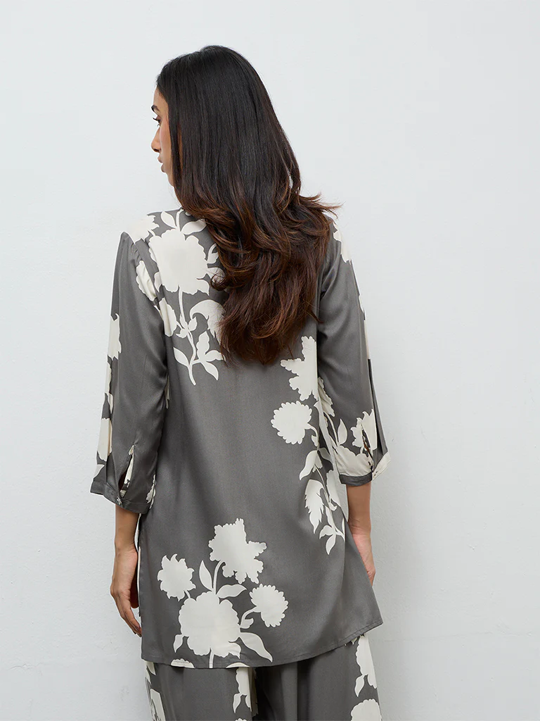 Utsa Grey Floral Pattern Tunic - Image 4
