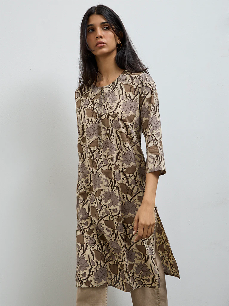 Utsa Grey Floral Printed Cotton Straight Kurta