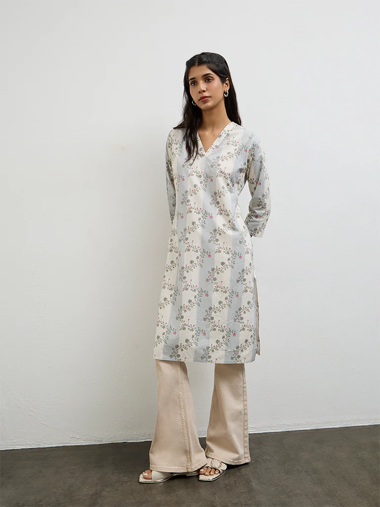 Utsa Grey Floral Printed Cotton Straight Kurta - Image 2