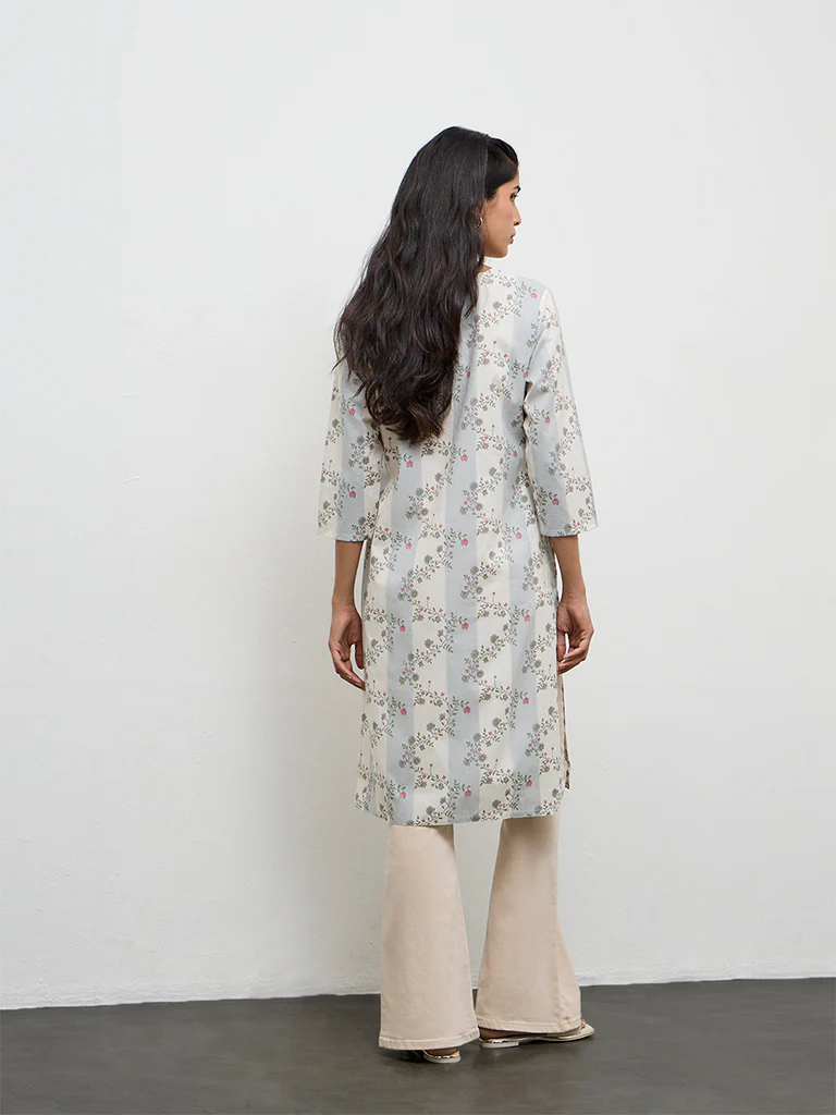 Utsa Grey Floral Printed Cotton Straight Kurta - Image 4