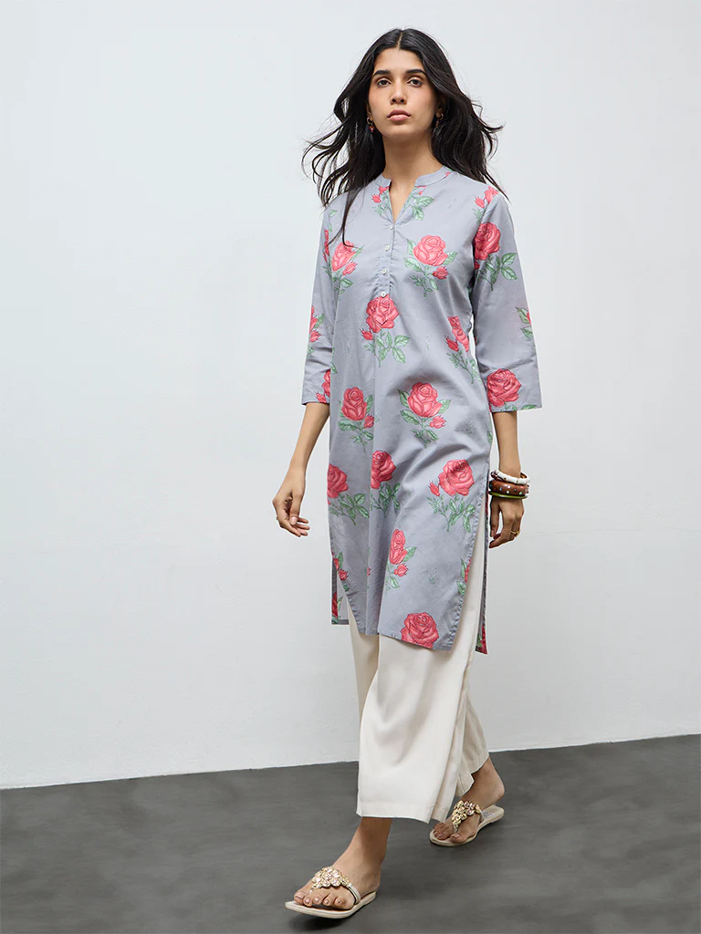 Utsa Grey Floral Straight Cotton Kurta - Image 2