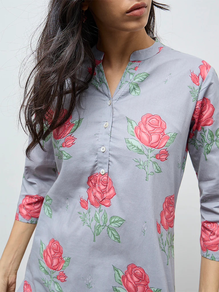 Utsa Grey Floral Straight Cotton Kurta - Image 3