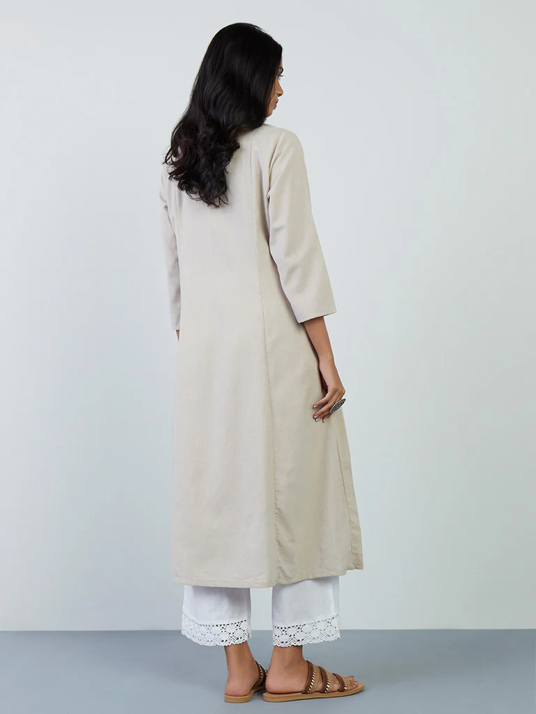 Utsa Grey Schiffli-Detailed Cotton-Blend A-Line Kurta - Image 4