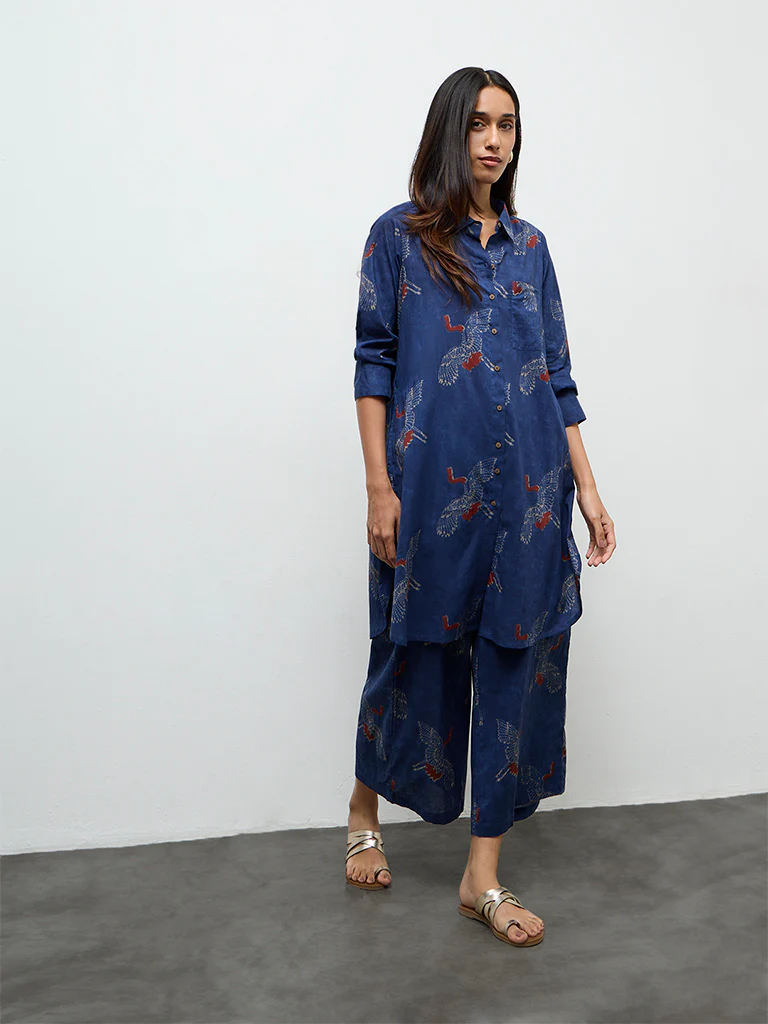 Utsa Indigo Bird Printed Cotton A-Line Kurta
