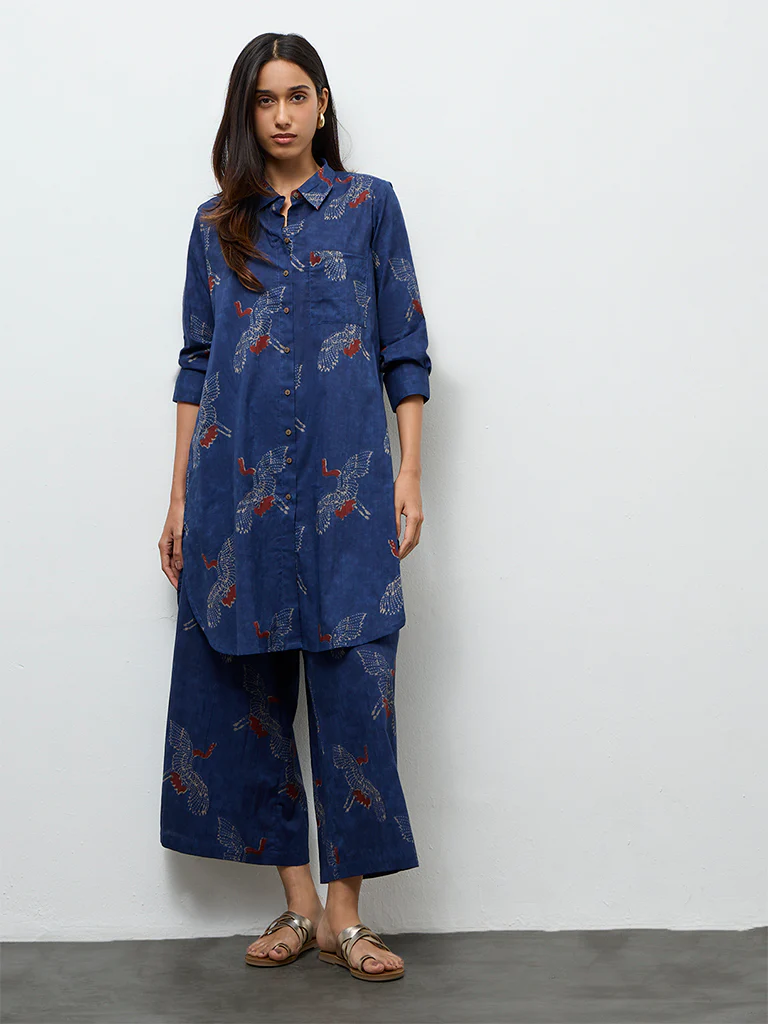 Utsa Indigo Bird Printed Cotton A-Line Kurta - Image 2