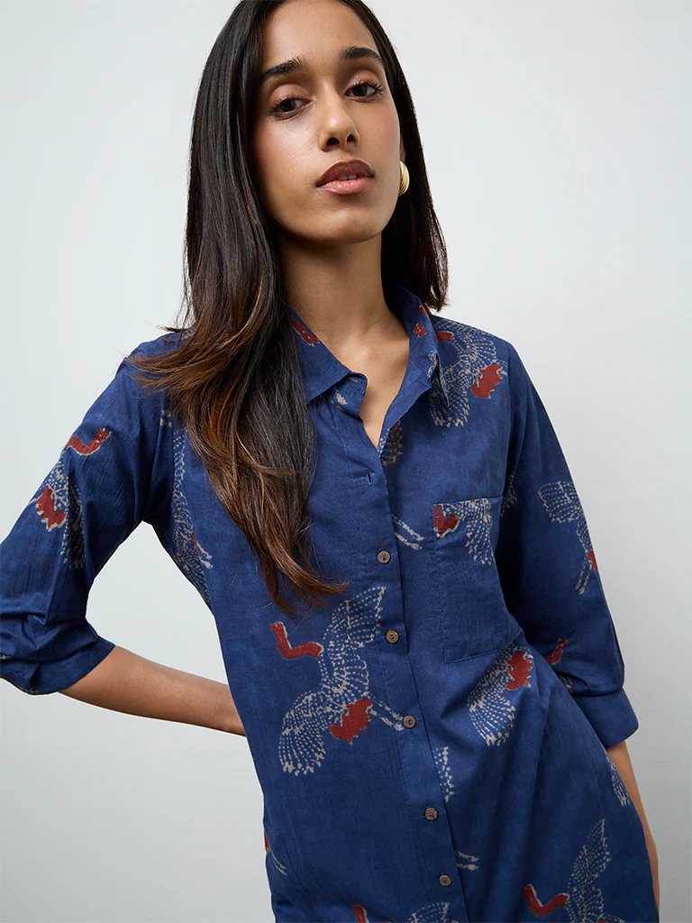 Utsa Indigo Bird Printed Cotton A-Line Kurta - Image 3
