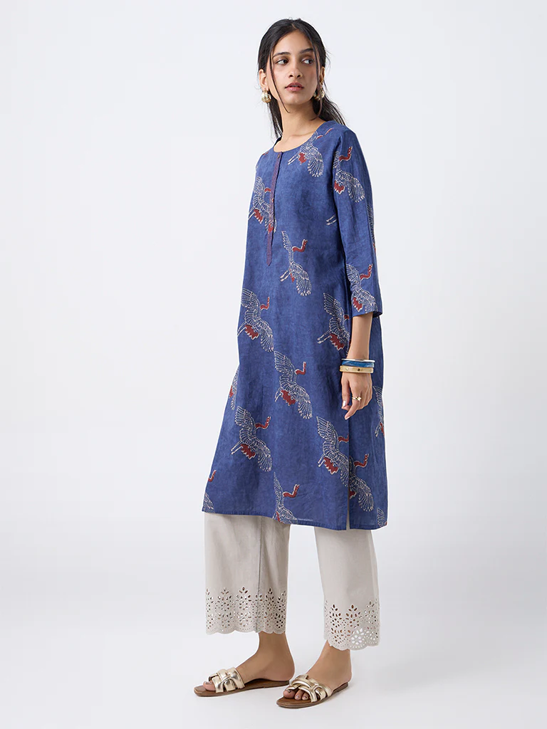 Utsa Indigo Bird Printed Cotton Straight Kurta - Image 2
