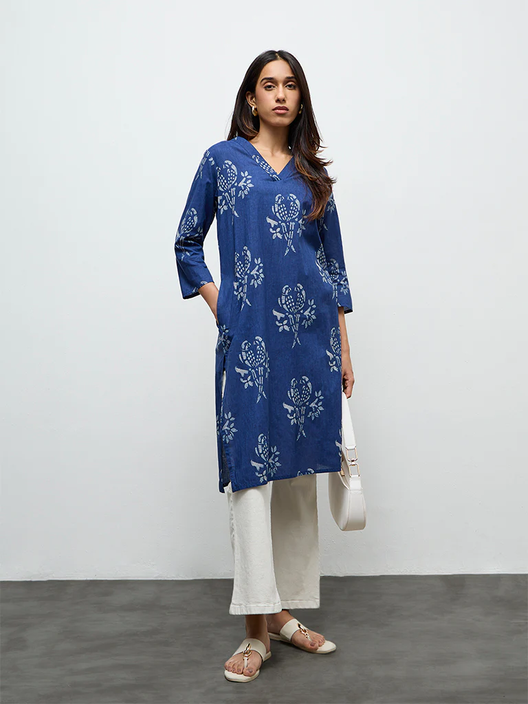 Utsa Indigo Bird Printed Cotton Straight Kurta