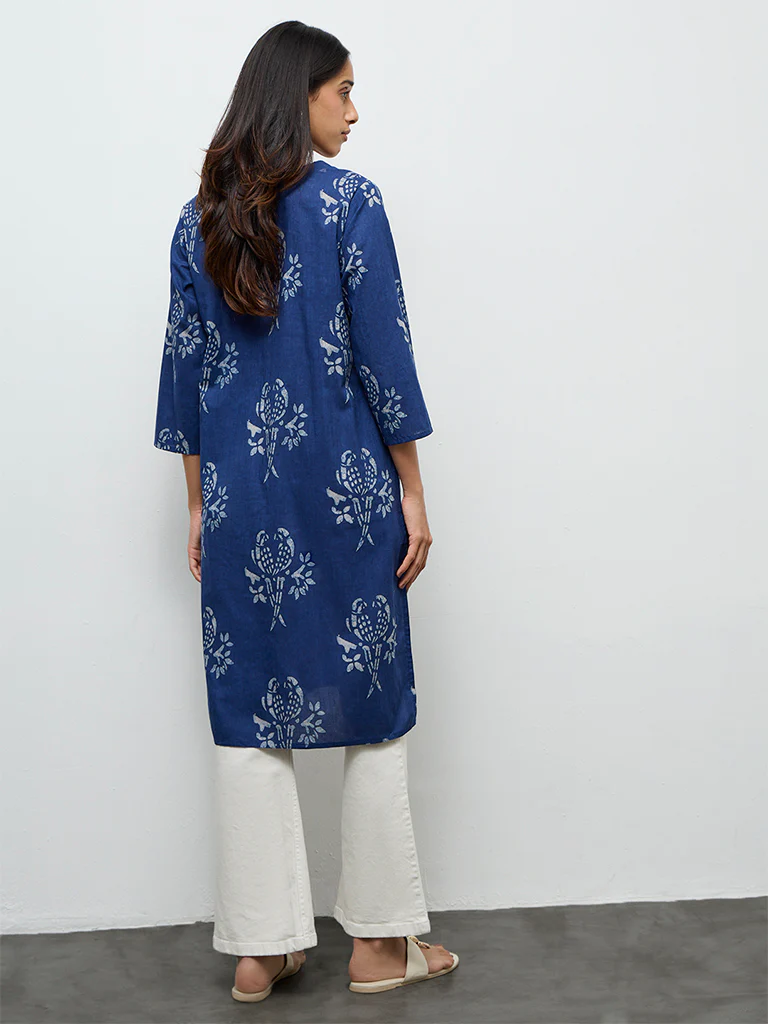 Utsa Indigo Bird Printed Cotton Straight Kurta - Image 4